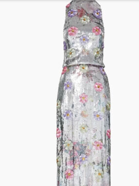 Brandon Maxwell Silver & Pastel Floral Sequin Gown — Size 4